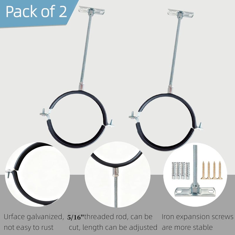 tingtakeoff 2 Sets Premium 3 Inch Adjustable Pipe Metal Bracket，Heavy Duty Galvanized Iron Stove Pipe Hanger Strap，Wall Support Chimney Round Split Ring Dryer Vent Hose Duct PVC Holder，with All Mounting Screws - Image 2